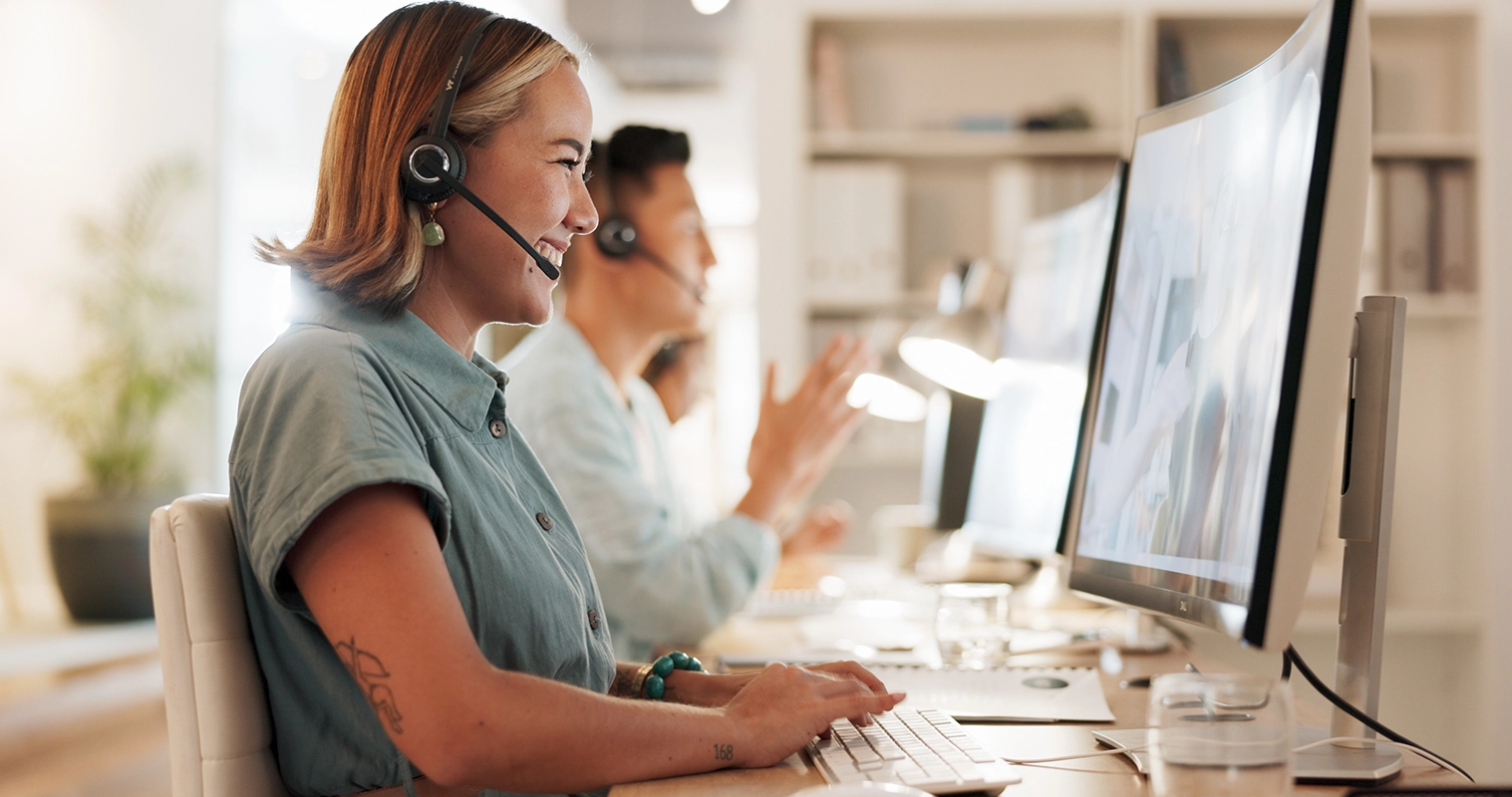 call center with male and female speaking with customers