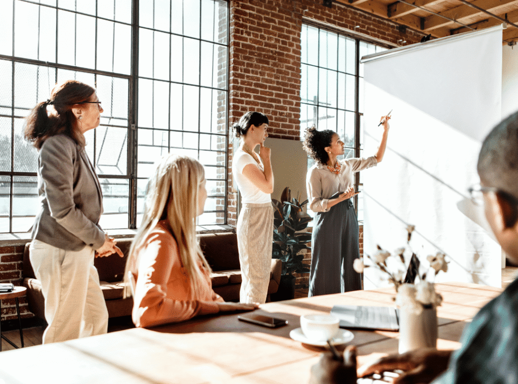 Group of adults looking at a whiteboard