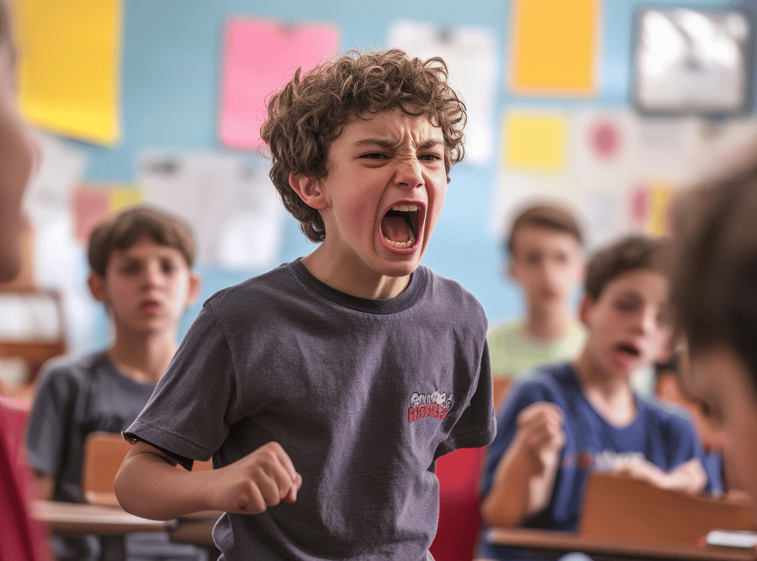 young child screaming in classroom full of children