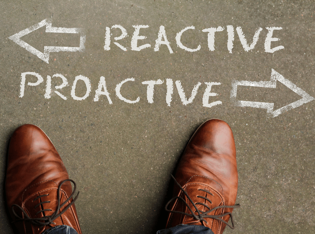 an view looking down on a pair of shoes with the word reactive and an arrow pointing left, and the word proactive with an arrow pointing to the right.