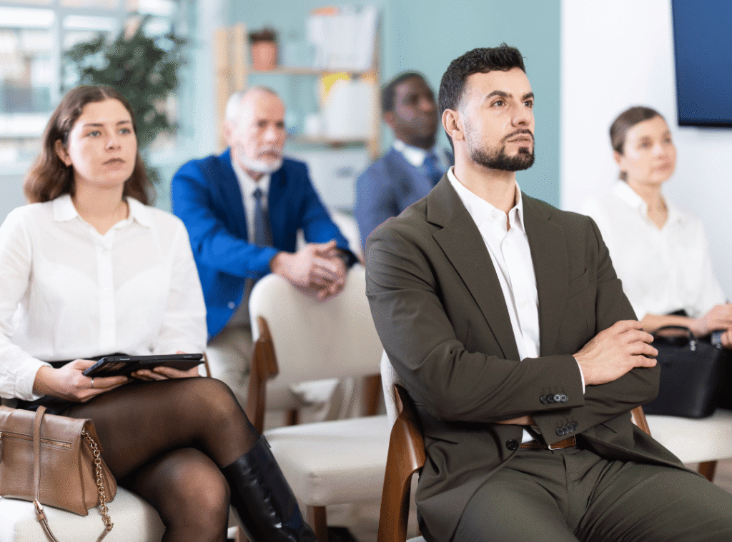 Class with adults looking bored