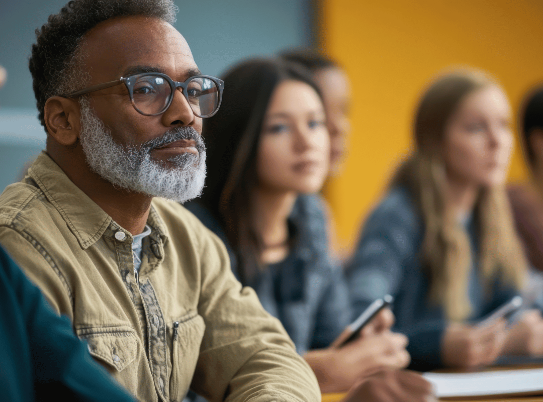 A man with glasses and a gray beard sits in a training session, listening calmly, with other participants blurred in the background.