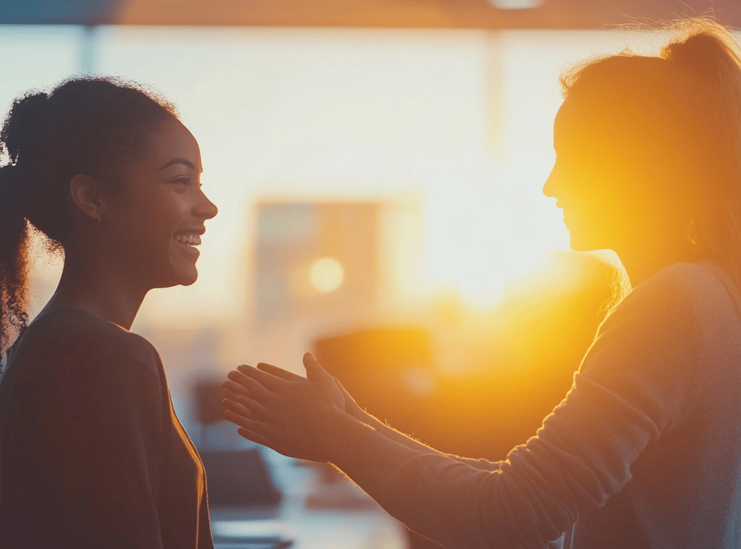 Two women face each other in warm, sunlit light, one smiling while the other gestures openly with her hands.