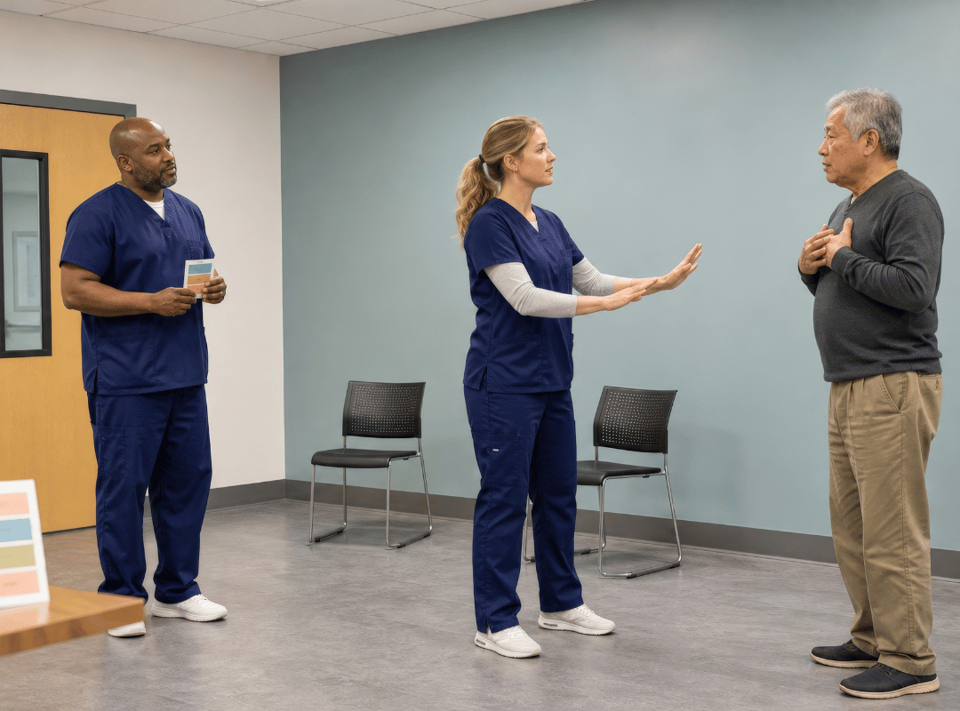 A healthcare worker in navy scrubs practices a de-escalation stance with open hands toward an older man during a role-play, while a colleague observes holding a card.
